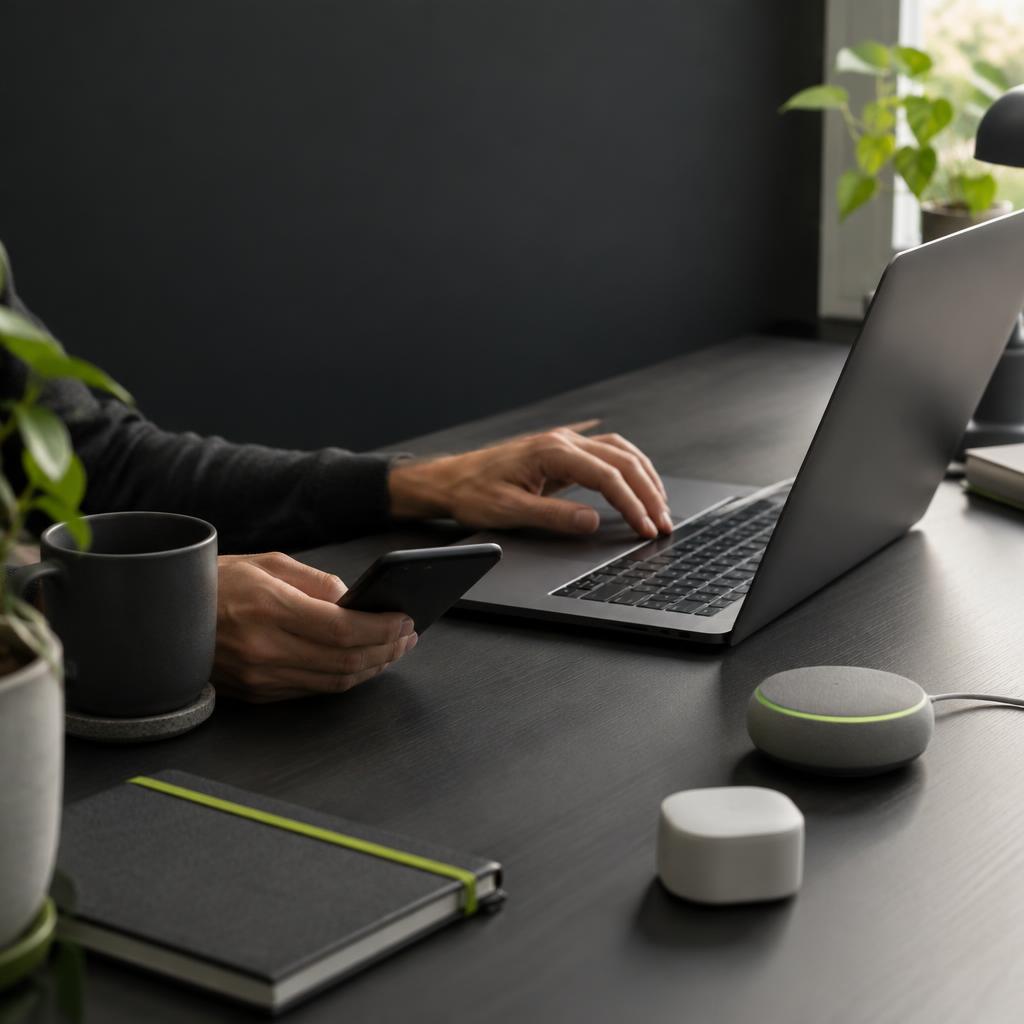 Pessoa usando notebook e celular em uma mesa de trabalho
