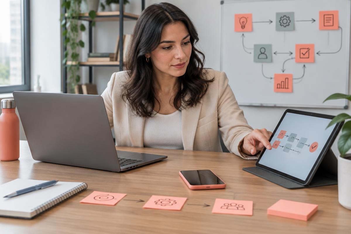 Profissional organizando um fluxo automatizado entre dispositivos