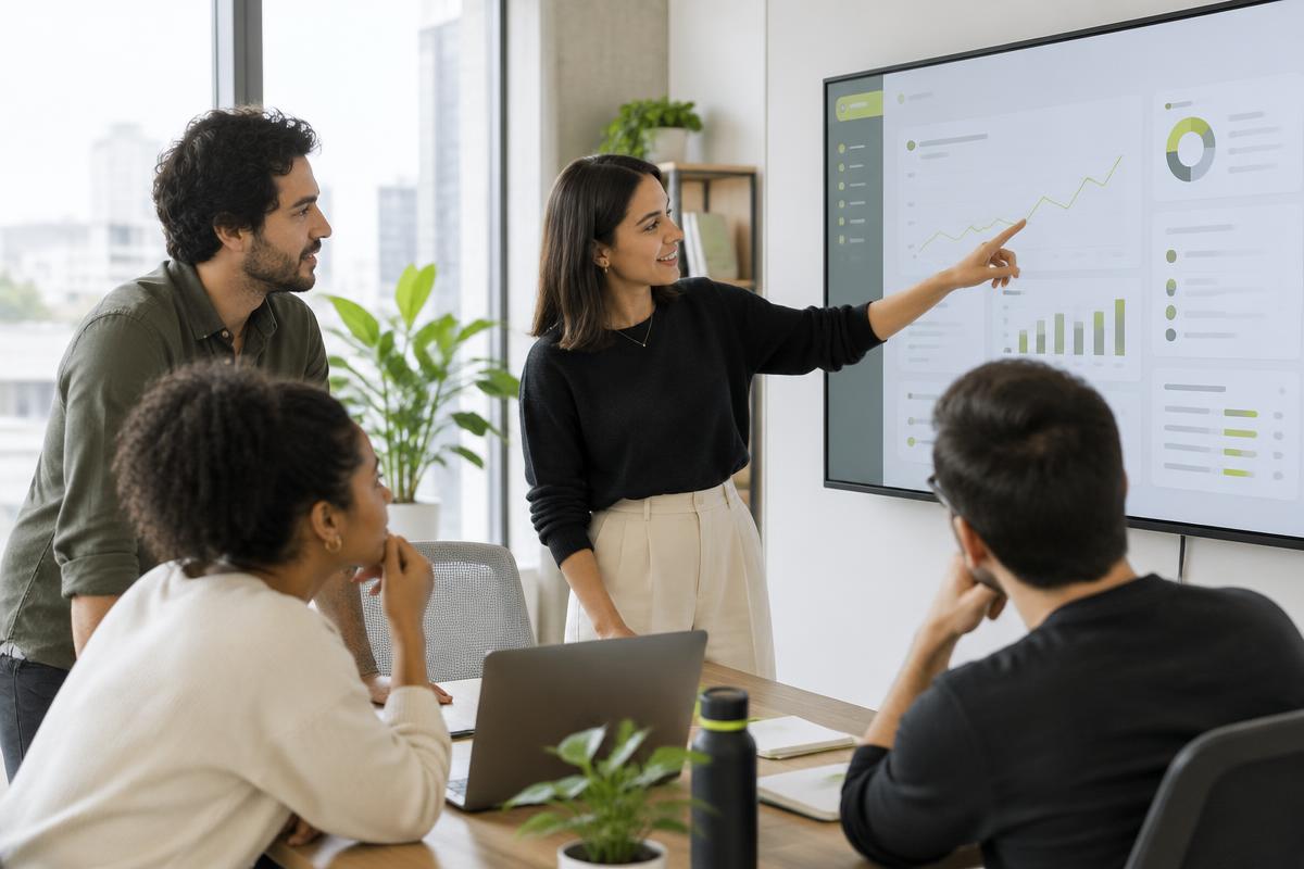 Equipe acompanhando métricas de um produto SaaS