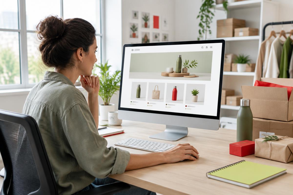 Empreendedora revisando sua loja virtual em um computador