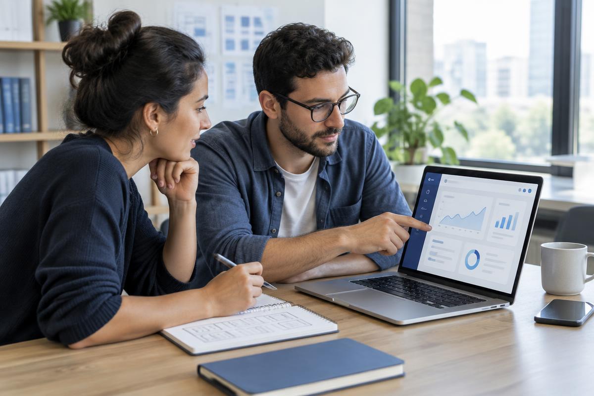 Profissionais analisando um webapp em um notebook